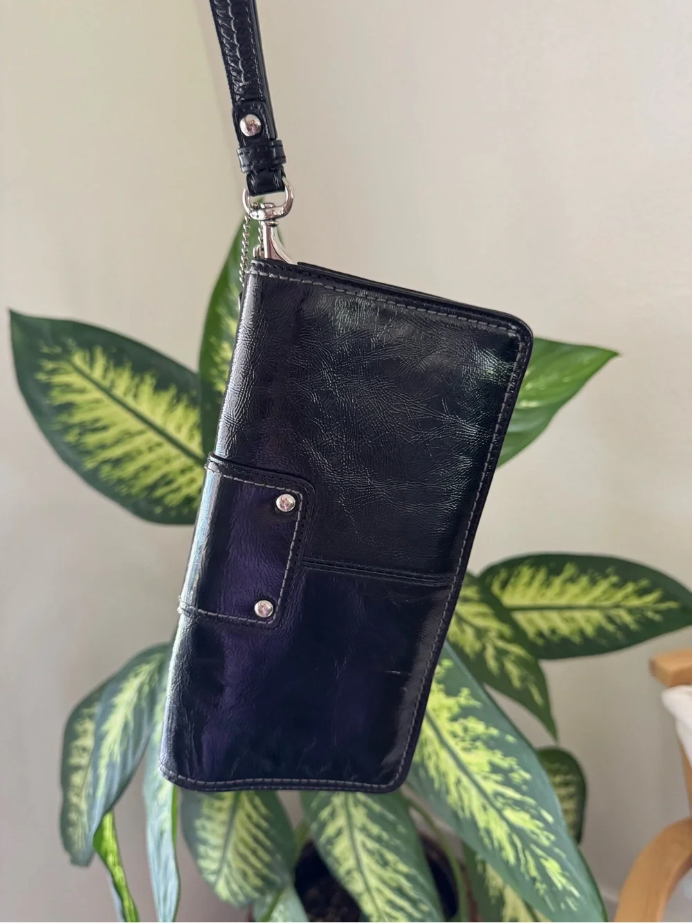 Coach Black Glossy Patent Leather Clutch Wristlet Wallet Silver Buckle Accent